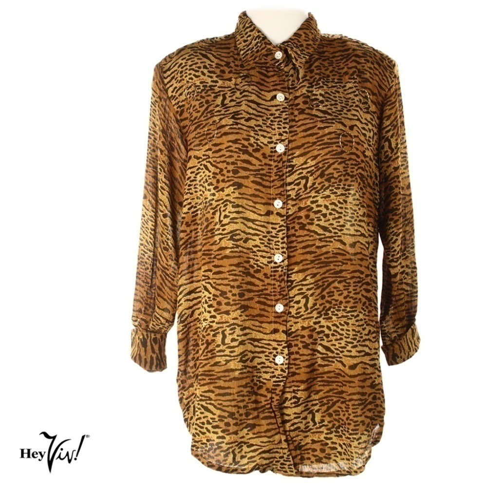 Vintage 90s Tiger Print Rayon Button Up Blouse Shirt w Tags Large B44 - Hey Viv